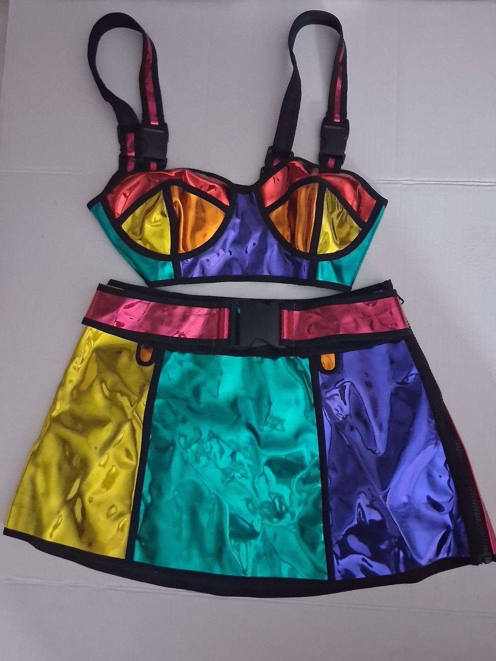Dolls Kill Club EXX Size Small Glam Rainbow Block PVC Top Skirt & Belt